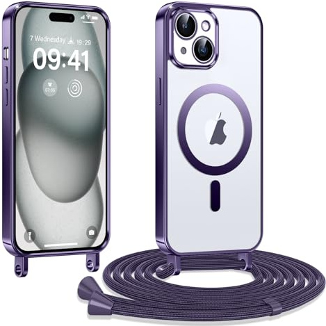 Kokio Coque pour iPhone 15 Plus / 14 Plus avec Cordon, Etui à Transparente Housse Compatible avec MagSafe, Antichoc Protection Coque pour Magnétique avec Réglable Collier, Violet