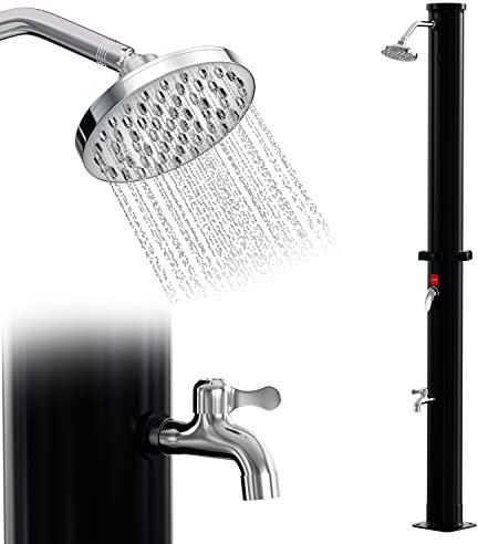 Eulenke solardusche Garten 20 Liter | 220cm | gartendusche solar warmes Wasser max. 60°C | mit Fußbrause | ohne Stromanschluss | Regenduschkopf und Wasserhahn | Campingdusche | Sommerdusche | Schwarz