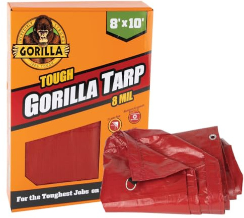 Gorilla Tough Tarp 8 ft x 10 ft Heavy-Duty Waterproof Polyethylene, 8 mil Thick, UV Treated with Reinforced Edges & Aluminum Grommets - Durable Outdoor Tarp for Camping, Gardening, Construction