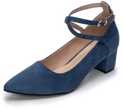 Plilima Escarpins Femme Bloc Talons à Bout Pointu Escarpin Bride Cheville Talon Haut avec Lanière Croisée et Bout Fermé Élégant Confortable Mariée Chaussures (Bleu,39)