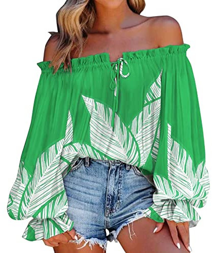 TTorju Women's Off Shoulder Floral Print Bardot Top Tie Neck Long Sleeve Buttton Cuff Chiffon Elegant Blouse Frill Trim Smocked Long Sleeve Top Blouse Puff Long Sleeve for Ladies UK Green
