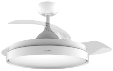 EVVO Ventilador de Techo con Aspas Rectráctiles y Luz, Ø107cm, 3 Aspas, Motor DC 40W, 6 Velocidades, Temporizador hasta 4h, Función Invierno-Verano (Modelo: V450 Invisible White)