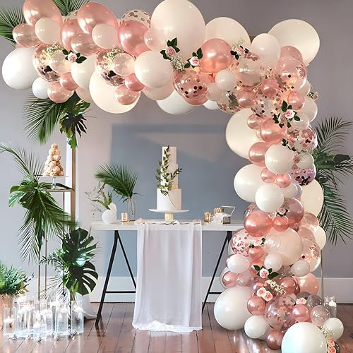 Kit Arche de 100 Ballons Premium - Créez des Instants Mémorables avec Décoration Époustouflante Parfait pour Anniversaires, Mariages et Bien Plus, Blanc Éclatant, Ballons Confetti Or, Or Rose, Clair