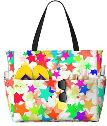 Zhengjia Bunte Sterne, große Kapazität, Strandtasche, wasserdichte Strandtasche mit Reißverschluss und Tasche, Tragetaschen für Reisen, Einkaufen, Pool, Bunte Sterne, Einheitsgröße