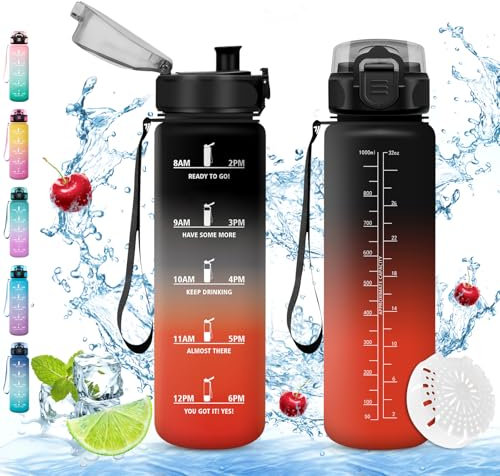 Vikaster Gourde eau, Gourde 1Litre, sans BPA, Étanche & Réutilisable, Bouteille d'eau avec Marqueur de Temps et Filtre, Convient Pour la Bureau, Gym, Yoga, Camping, Sport, Gourde Randonnée