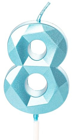 Kerze zum 8. Geburtstag, für Kuchen, Zahl 8, für 8-jährige Jungen, Blau