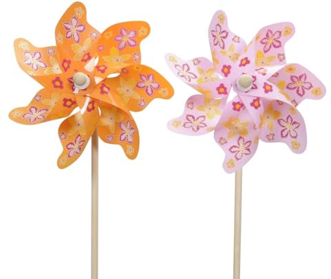 dekoratives Windrad Windmühle auf Stab PVC orange und rosa Sortiert mit Blütenmuster in verschiedenen Größen (groß 2 x)
