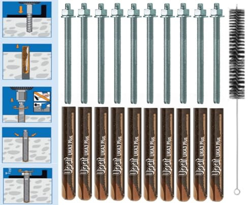 VERBUNDANKER SET M10x130mm VERZINKTER STAHL 5.8-10x Glaspatronen M10 + 10 Ankerstangen M10x130mm vz. + Zylinderbürste/Klebeanker Ankerstangen Schwerlastbefestigung