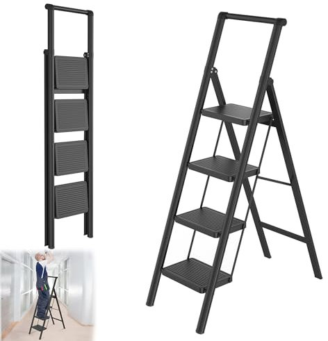 YRHome 4 Stufen Klappbar Trittleiter Leiter Tritthocker Klapptrittleiter mit breitem rutschfeste Pedal und Handlauf Multifunktionale Haushaltsleiter Stehleiter Bis 250KG Schwarz für Haushalt, Küche