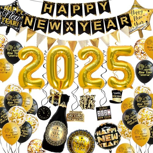WINAROI Happy New Year Dekoration 2025 Ballon, Schwarz Gold Happy New Year Banner 2025 Luftballons,Neujahr Deko 2025,Silvester Deko Schwarz Gold Ballon mit Silvester Banner, Neujahr Silvesterdeko Set