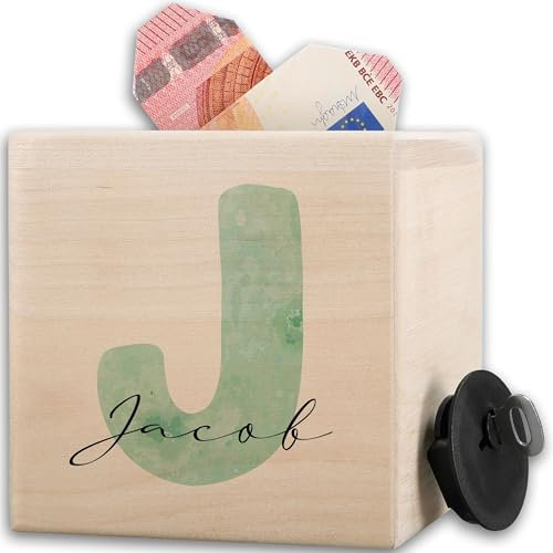 Initialen - Spardose Holz mit Namen | Geschenkidee Kinder personalisiert mit Anfangsbuchstabe | Personalisierte Geschenke Jungen Geldgeschenk | Trinkgeldkasse - 10x10cm - Holz - kinderspardosen