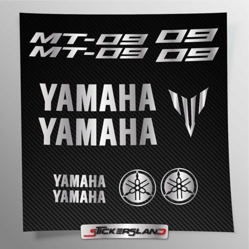 Kit de adhesivos compatibles con depósito y casco de moto | Base de vinilo transparente de fácil aplicación con impresión UV | letras logos | Stickersland® – MT-09 (Plata Metálica)