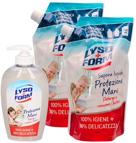 SET MANI: Sapone PROTEZIONE, Deterge e Rimuove i Batteri. Con Tappo Dosatore 250ml + 2x Sapone Liquido Ricarica PROTEZIONE, Deterge e Rimuove i Batteri 500ml