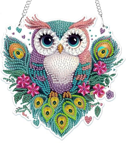 MOGTAA 5D Diamond Painting Anhänger, Blumen und Eule Diamond Painting mit Kette Kinder Erwachsene, Diamant Painting Fensterbilder, Hängende Ornament Set für Wand Und Eingang Decor
