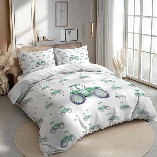 CozyRest Bettwäsche Set 100 x 135 cm Wende Bettbezug Set, Grüne Traktoren, Weiche Vier Jahreszeiten Bettbezug mit Reißverschluss und 40x60cm Kissenbezug