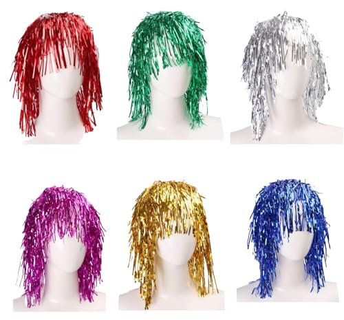 SDXCJY 6 Stück Foil Tinsel Perücken, bunte Folientinselperücken, glänzende Perücken für Fancy Dress, Metallic Bunte Cosplay Peruck,Ideal für Cosplay,Kostümpartys, Halloween und Weihnachten (Colorful)