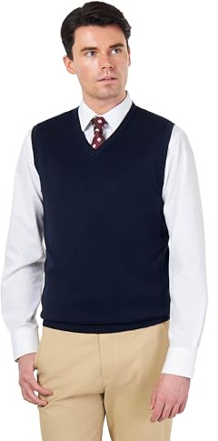 Men’s Knitted 100% Cotton Navy Sleeveless Jumper V-Neck Vest [JUMPER-VEST-543-NAVY-2XL]