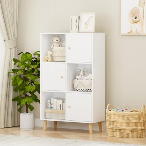 HaodaCulture Bibliothèque, Étagère avec 3 Tiroirs, 3 Compartiment Ouvert, Vitrine Moderne avec Pieds en Bois, Étagère Rangement, étagère sur Pied, pour Salon, Chambre à Coucher 64.5x30x109 cm