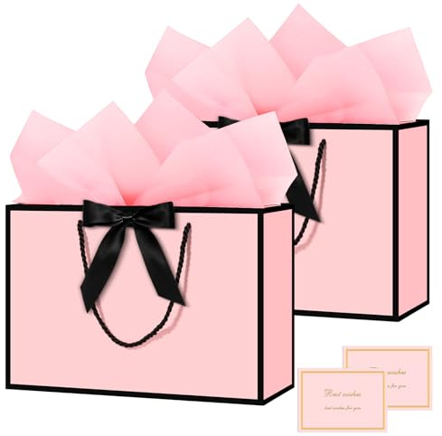 NADSSJL Medium Gift Bag for Present - 2 Pcs Birthday Gift Bags, with Wrappers and Cards, Party Bag with Handles for Weddings, Birthdays, Parties, Valentine's Day and Christmas (Pink)