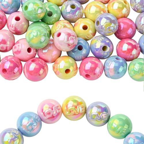 UR URLIFEHALL Lot de 50 perles rondes en acrylique avec inscription « Love » pour stylos à perles, bracelets, bijoux, porte-clés, loisirs créatifs