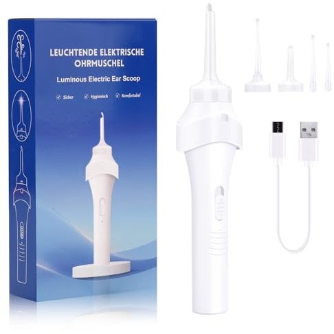 Ohrenschmalz Entferner Sauger ,Oroclear Ohrenschmalz-Sauger ,Elektrischer ohrenreiniger mit LED Lampe Geräuscharm , Zubehörset für Familien,Selbstreinigungsgebrauch,Ivory