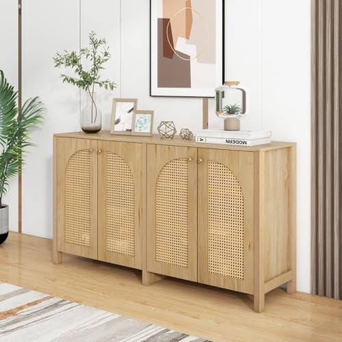 Sideboard mit 4-Rattantür, Anrichte mit Metallgriffen, Mehrzweckschrank mit Stauraum und Verstellbare Ablage, Beistellschrank für Wohnzimmer, Esszimmer, Küche, Holzfarbe, 145x40x80cm (Holzfarbe)