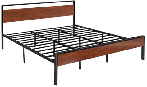 VEVOR Bettrahmen (Kingsize), Plattformbettrahmen aus Metall mit Kopf- und Fußteil aus braunem Holz im Retro-Stil, großer Stauraum unter dem Bett, rutschfest, kein Boxspring erforderlich