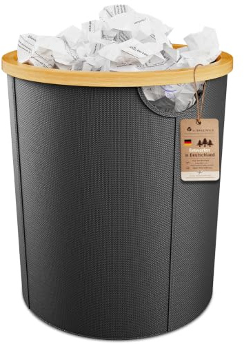 Vireon Papierkorb Büro aus Bambus-Mülleimer Büro aus Oxford-Stoff-Papiermülleimer Runder-Papiereimer Schwarz Abfalleimer-für Homeoffice/Arbeitszimmer/Schreibtischbereich