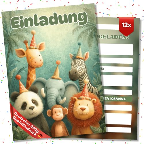 HIDEBLOOM Zoo Einladungskarten Kindergeburtstag Mädchen Jungen - 12 Stück - DIN A6 (10,5 cm x 14,8 cm) - Einladungen Geburtstag Dschungel - Geburtstagseinladungen Tiere