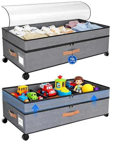 ANTREATU 2-Pack Underbed Storage with Wheels, 72L Adjustable 7.9-9.5 Inch High Under Bed Storage Box with Lid & Label for Clothes, Shoes, Blankets & Toys (Grey)
