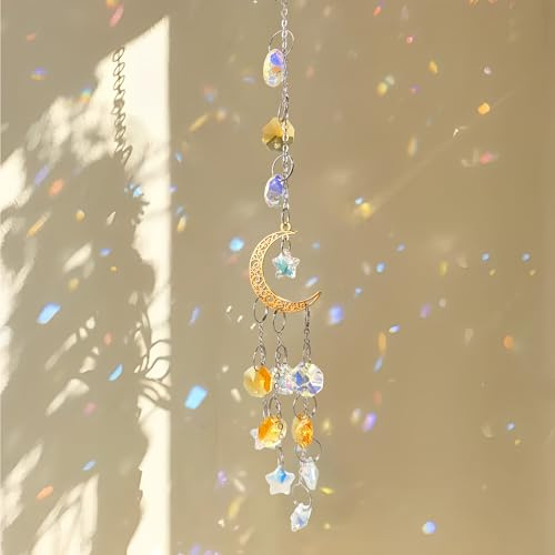 Goldener Mond Sonnenfänger mit Kristallprisma, für Fensterdeko, aus Messing | Sonnenfänger Kristall für Fensterdeko – Eleganter Mond Sonnenfänger aus Messing für Haus – Büro oder Auto – Glas Windspiel