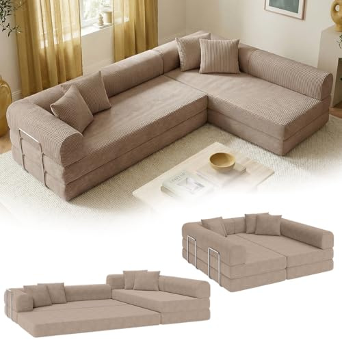 skølm Lofn Ecksofa 4-Sitzer 300 cm, Cord Grau, Wohnlandschaft, 4 Kissen | Klappsofa, ausklappbar zum Schlafsofa/Bodensofa, modulare Vollschaumcouch Boneless mit Stahlgestell, vakuumverpackt, L-Form