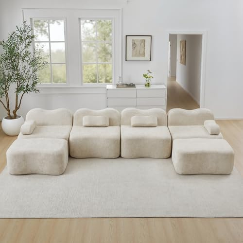 Gecheer 4-Sitzer U-förmiges modulares Sofa, Wellenform, 32D Schaum, bewegliche Armlehnenkissen, weicher Samtbezug, modulare Couchgarnitur für Familien & kleine Wohnräume