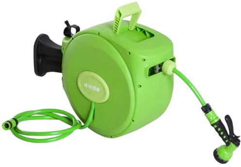 Outsunny Avvolgitubo da Giardino Retrattile con Tubo 20 m da Parete Verde | Rullo Avvolgitubo Parete Girevole 180°, Automatico, Tubo Giardino, Irrigazione, Plastica, Avvolgitore Acqua