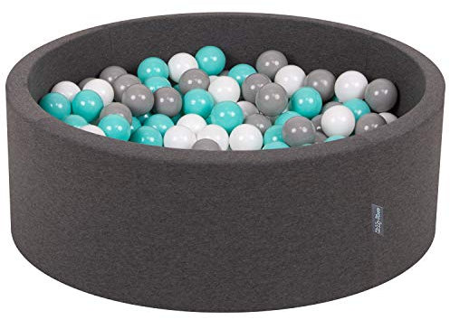 KiddyMoon OK30D-111 Bällebad 90X30cm/200 Bälle ∅ 7Cm Bällepool Mit Bunten Bällen Für Babys Kinder Rund, Dunkelgrau:Weiß/Grau/Helltürkis