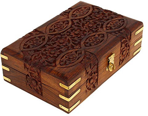 Ajuny Caja de Joyería de Recuerdos Organizador de Almacenamiento Multiusos con Tallas Florales Decorativas de Madera Tallada a Mano 20x12,5x6,5 CM