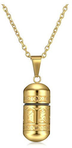 PiercingJak Collier Balle Pendentif Bouddhiste Mantra Prière Urne Cendres Funéraire Bouteille Tube Recipient Ouvrir Militaire Acier Inoxydable Homme Femme (Or)