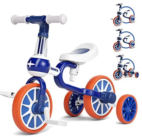 KORIMEFA 4 in 1 Laufräder Laufrad Kinderdreirad Dreirad Lauffahrrad Lauflernhilfe für Kinder ab 1 Jahre bis 4 Jahren (Blau)