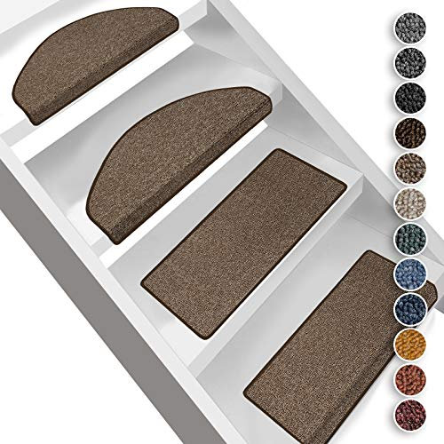 Floordirekt Stufenmatten London | Halbrund oder Eckig | Treppenmatten in 11 Farben | Strapazierfähig & pflegeleicht | Stufenteppich für Innen (Hellbraun, Eckig 23,5 x 65 cm)