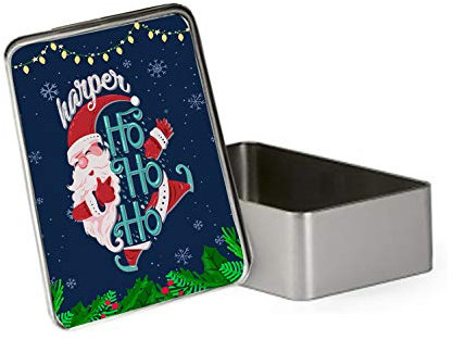 Personalised Santa HO HO HO ANY NAME Gift Present Idea Portable Metal Tin Storage Box Biscuit Chocolate Tin Emergency Stuff Tin Birthday Gift. (Rectangular)