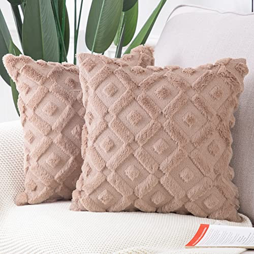 Madizz 2er Set Sanft Plüsch Kurze Wolle Samt Dekorativ Zierkissenbezüge Luxus Stil Kissenbezug für Sofa für Schlafzimmer Braun 45x45 cm Quadrat