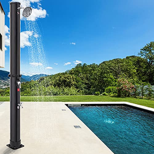 Solardusche 35 Liter Solar Gartendusche | warmes Wasser | max. 60°C | ohne Stromanschluss | Pooldusche Camping| Regenduschkopf und Wasserhahn | Gartenschlauch-Anschluss | (35 Liter, reiner Schwarz)