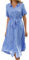 Livonmone Sommerkleid Damen Kurzarm Casual V-Ausschnitt Blumendruck Kleider Strandkleider Sexy Schlitz Midikleid Cocktailkleid Partykleid mit Gürtel (Blau, XL)