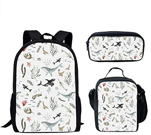 Kuiaobaty Cartoon Whale Children's School Bags Girls Backpack, Sea Fish Dolphin Baleen Killer Whale Narwhal Beige Bookbag Set Of 3 Pencil Case Lunch Bag for Kids Boys