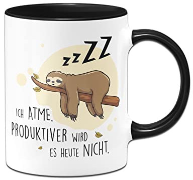Tassenbrennerei Faultier Tasse mit Spruch Ich atme Produktiver wird es heute nicht - Büro Kaffeetasse lustig - Geschenk für Kollegen (Schwarz)