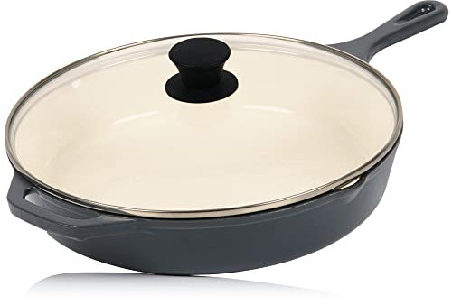 Mahlzeit Sartén Esmaltada Redonda de Hierro Fundido con Tapa | Ø 29,5 cm | Sartén Parrilla con Dos Picos | Sartén para Barbacoa, Cocinas de Gas, Eléctricas, de Inducción, Borde Alto, Sartenes