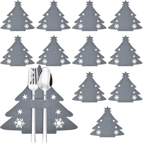 Vibbang 12 Stücke Weihnachten Besteckhalter Weihnachtsbaum Elch Schneeflocke Bestecktasche Weihnachten Tischdeko Weihnachten Urlaub Party Abendessen Gabel Dekor (Weihnachtsbaum Rot)