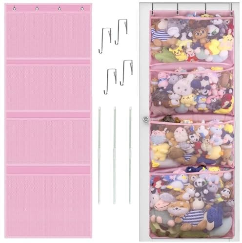 Stuffed Animal Storage, with 3 Large Pockets and 2 Medium Pockets, Over The Door Organizer Storage for Closet, Baby, Plush Toy, Hanging Door Organizer for Nursery, Bedroom, Bathroom, Kids Room (Pink)