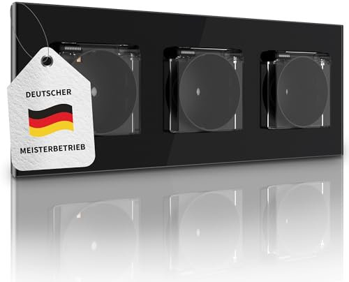 PULSAR Steckdose Unterputz Schwarz Glas - mit Deckel und gehärtetem Glasrahmen - Wandsteckdose 3-Fach mit Klappdeckel 230V 16A für Feuchtraum