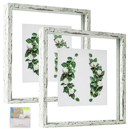 MUYE Marco flotante de 10 x 10 pulgadas, patrón de madera verde salvia, marco cuadrado de doble cristal para fotos de cualquier tamaño de hasta 10 x 10 pulgadas, montaje en pared o mesa, paquete de 2